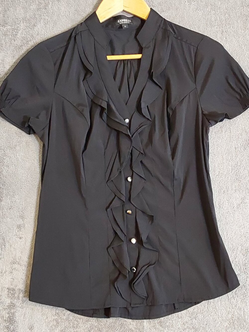 Express Elite Stretch Black Ruffle Blouse S/P Short Sleeve Side Zip Career Style